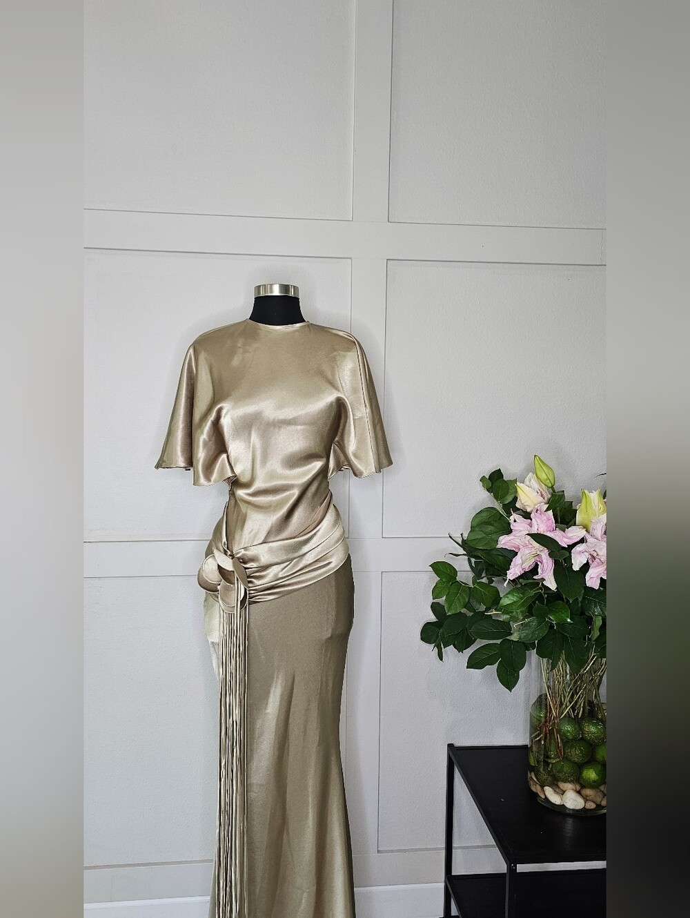 Satin Gold Maxi Wrap Dress with Fringe Tie (Fit US 0, 2,4) (87-64-90 cm)